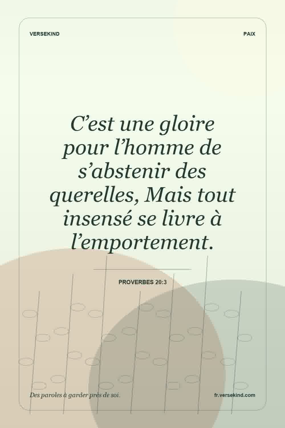 C’est une gloire pour l’homme de s’abstenir des querelles, Mais tout insensé se livre à l’emportement. — Proverbes 20:3