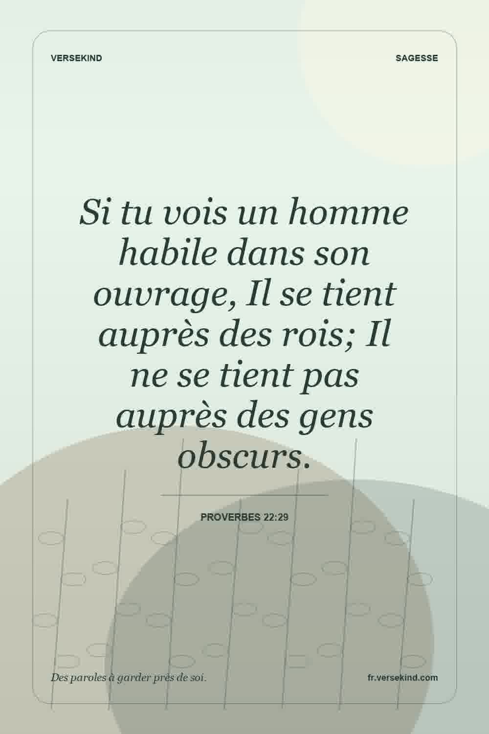 Si tu vois un homme habile dans son ouvrage, Il se tient auprès des rois; Il ne se tient pas auprès des gens obscurs. — Proverbes 22:29