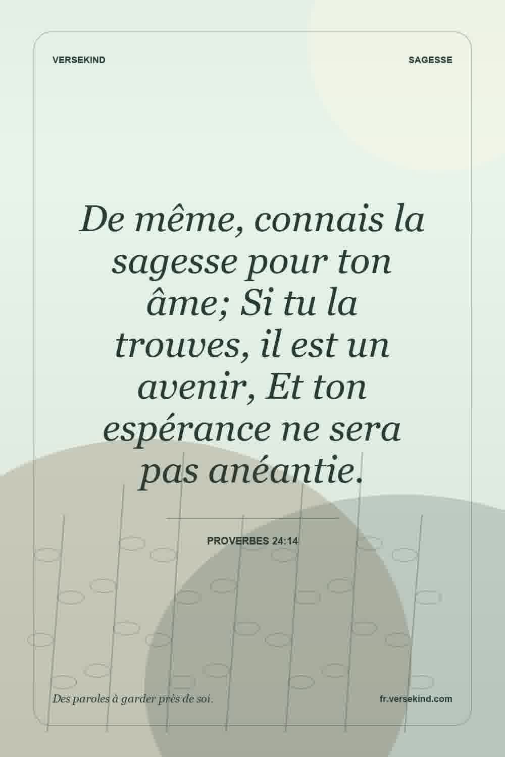 De même, connais la sagesse pour ton âme; Si tu la trouves, il est un avenir, Et ton espérance ne sera pas anéantie. — Proverbes 24:14