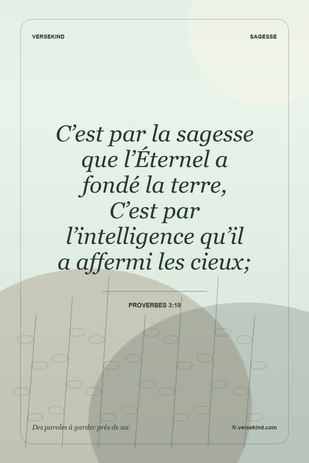 C’est par la sagesse que l’Éternel a fondé la terre, C’est par l’intelligence qu’il a affermi les cieux; — Proverbes 3:19
