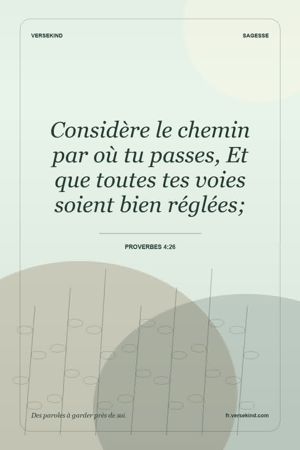 Considère le chemin par où tu passes, Et que toutes tes voies soient bien réglées; — Proverbes 4:26