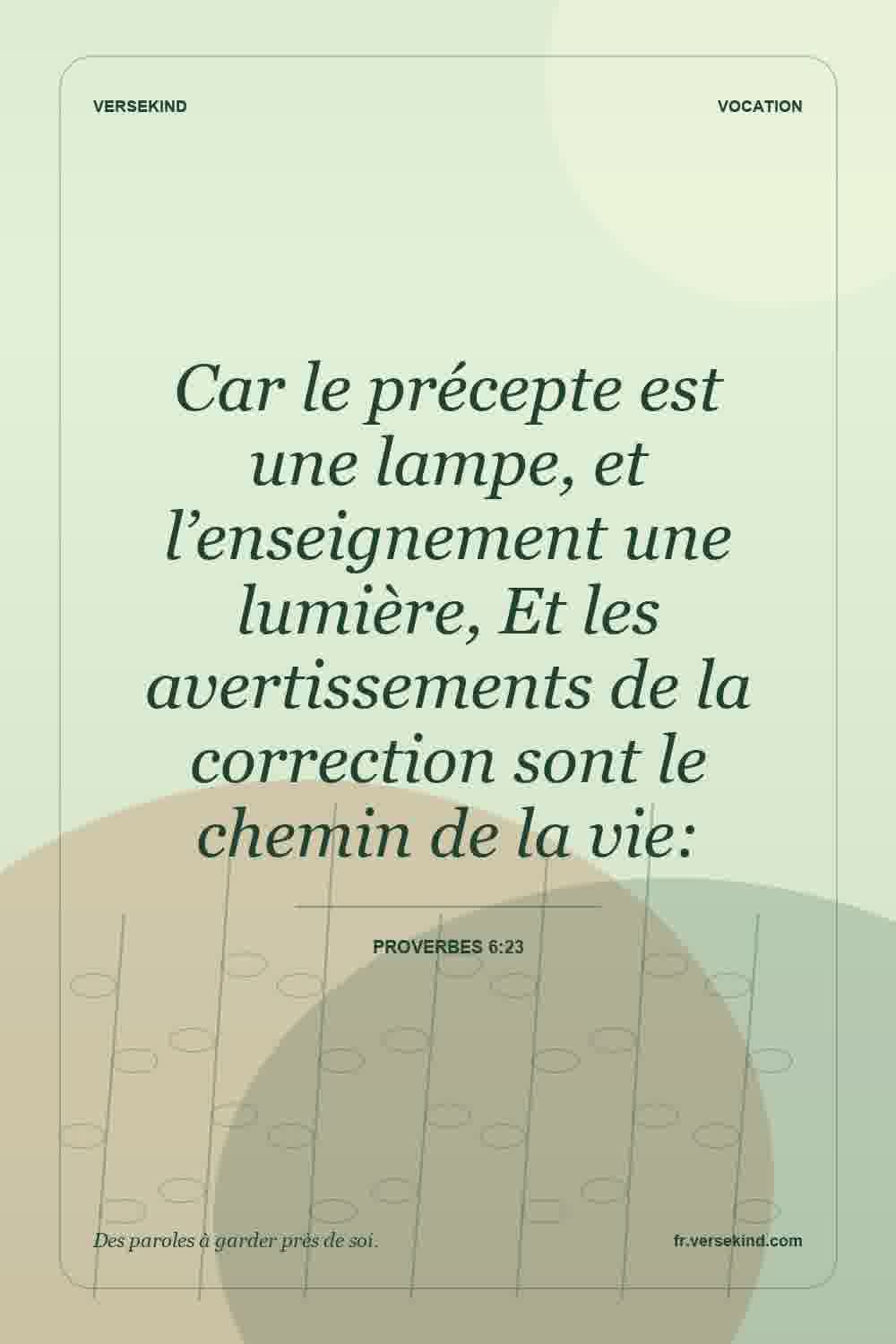 Car le précepte est une lampe, et l’enseignement une lumière, Et les avertissements de la correction sont le chemin de la vie: — Proverbes 6:23