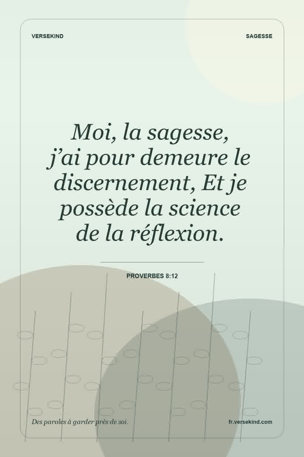 Moi, la sagesse, j’ai pour demeure le discernement, Et je possède la science de la réflexion. — Proverbes 8:12