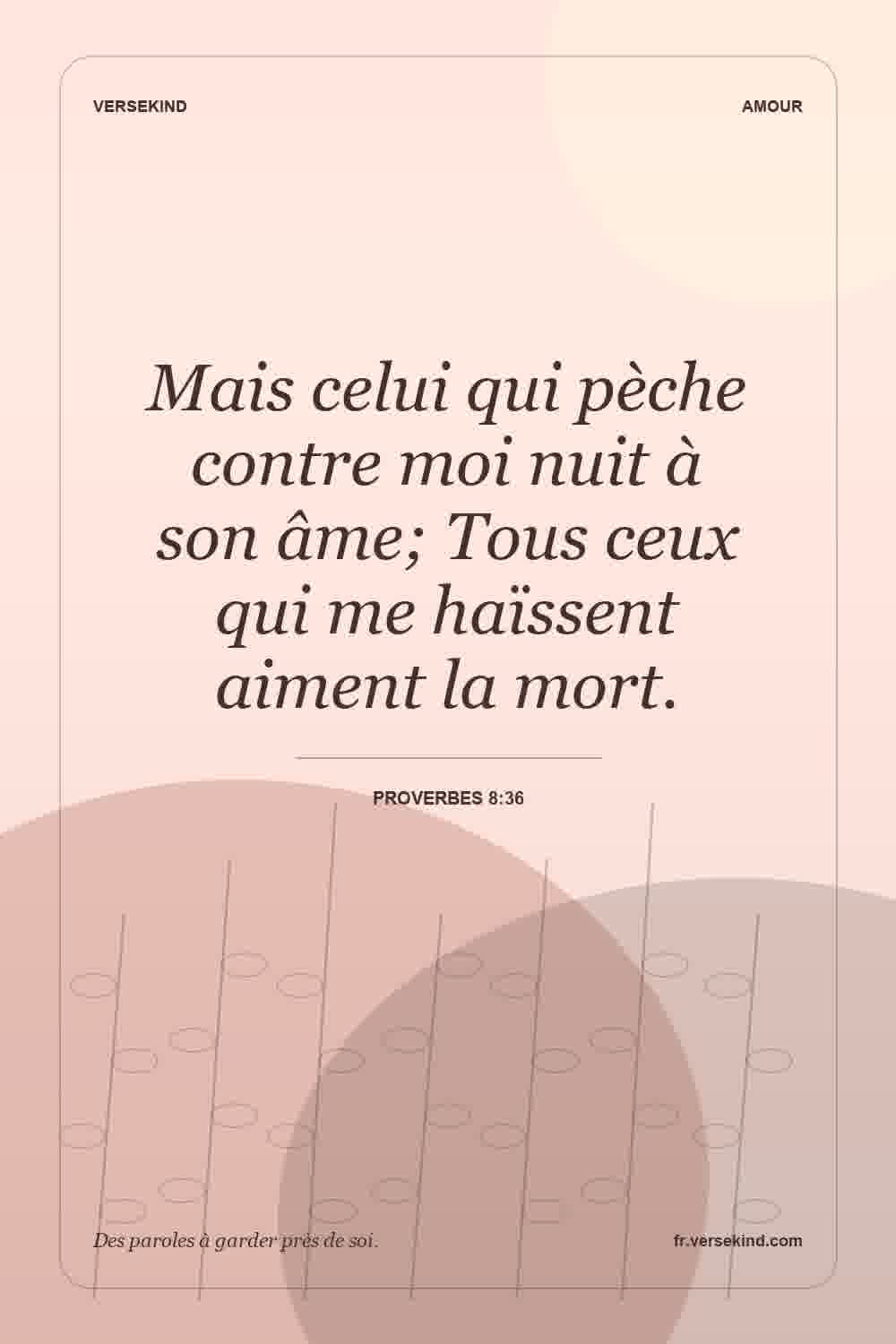 Mais celui qui pèche contre moi nuit à son âme; Tous ceux qui me haïssent aiment la mort. — Proverbes 8:36