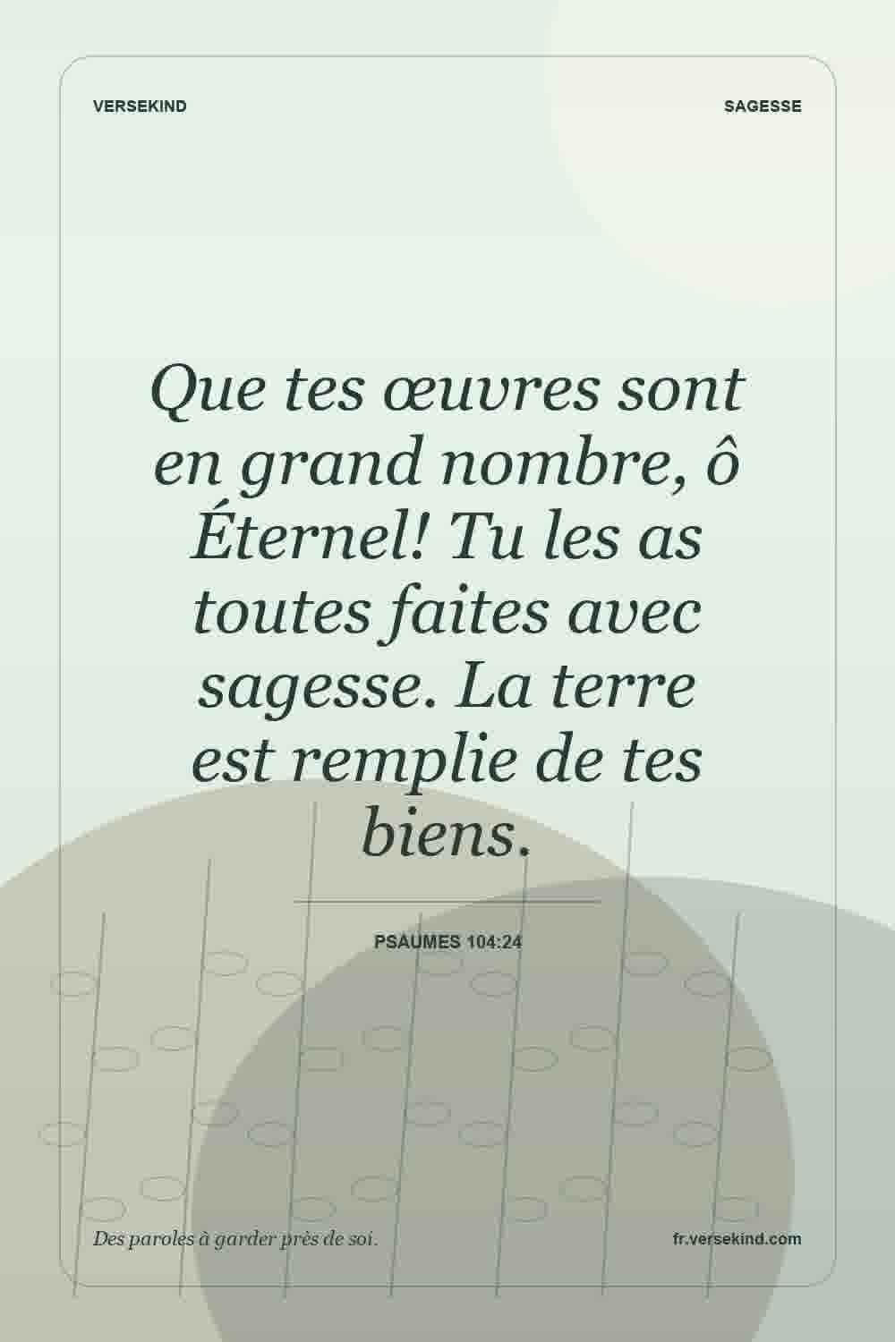 Que tes œuvres sont en grand nombre, ô Éternel! Tu les as toutes faites avec sagesse. La terre est remplie de tes biens. — Psaumes 104:24