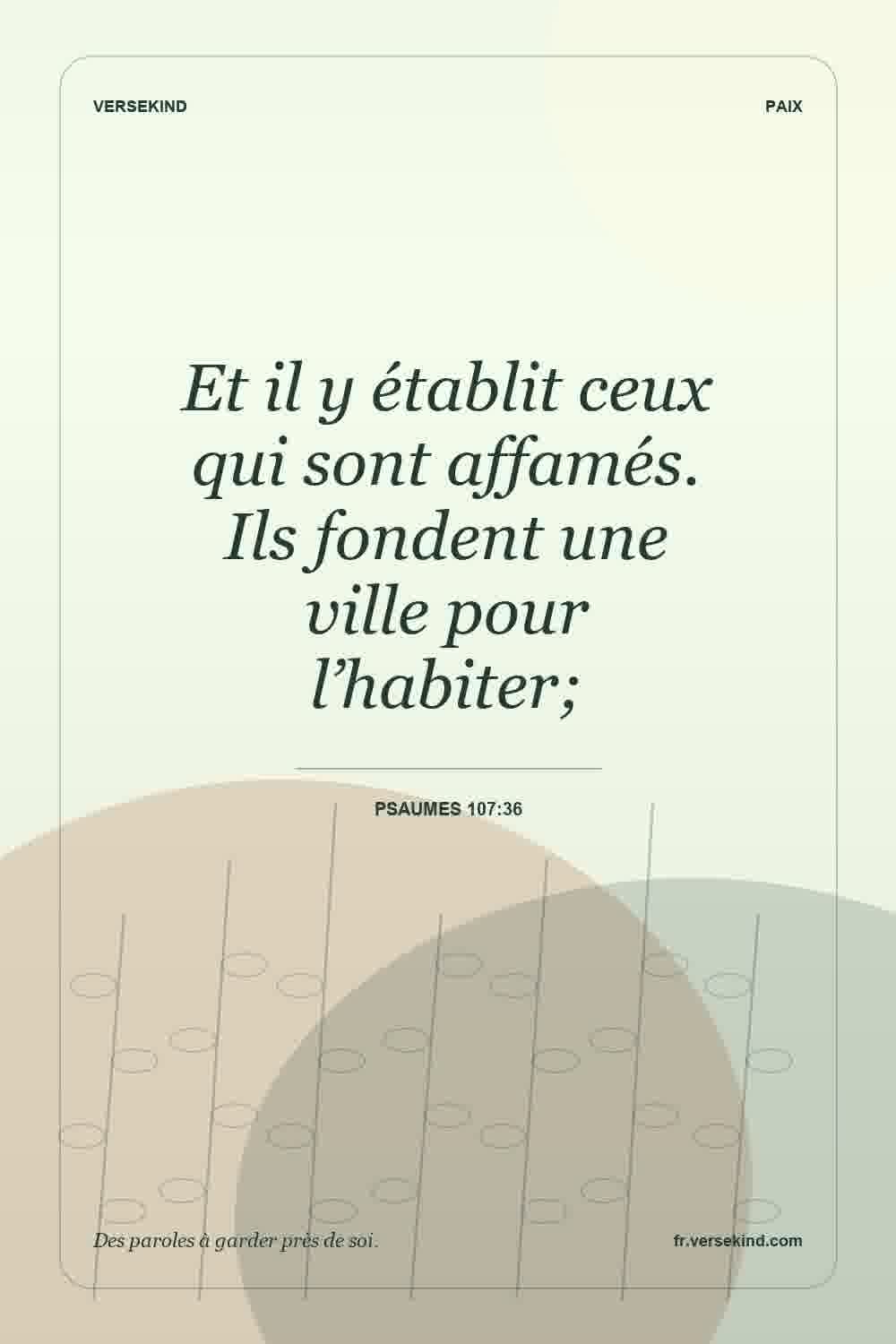 Et il y établit ceux qui sont affamés. Ils fondent une ville pour l’habiter; — Psaumes 107:36