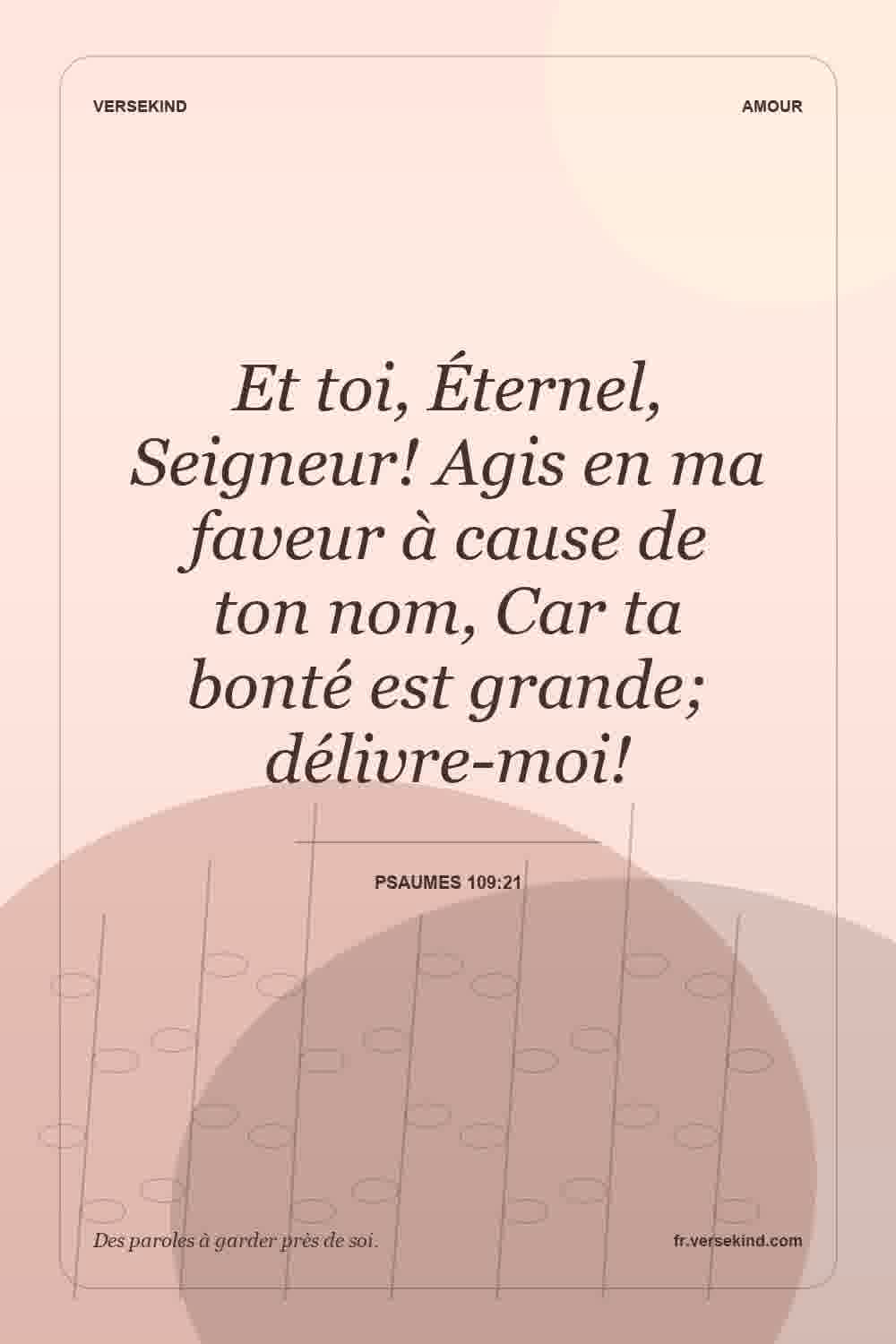 Et toi, Éternel, Seigneur! Agis en ma faveur à cause de ton nom, Car ta bonté est grande; délivre-moi! — Psaumes 109:21