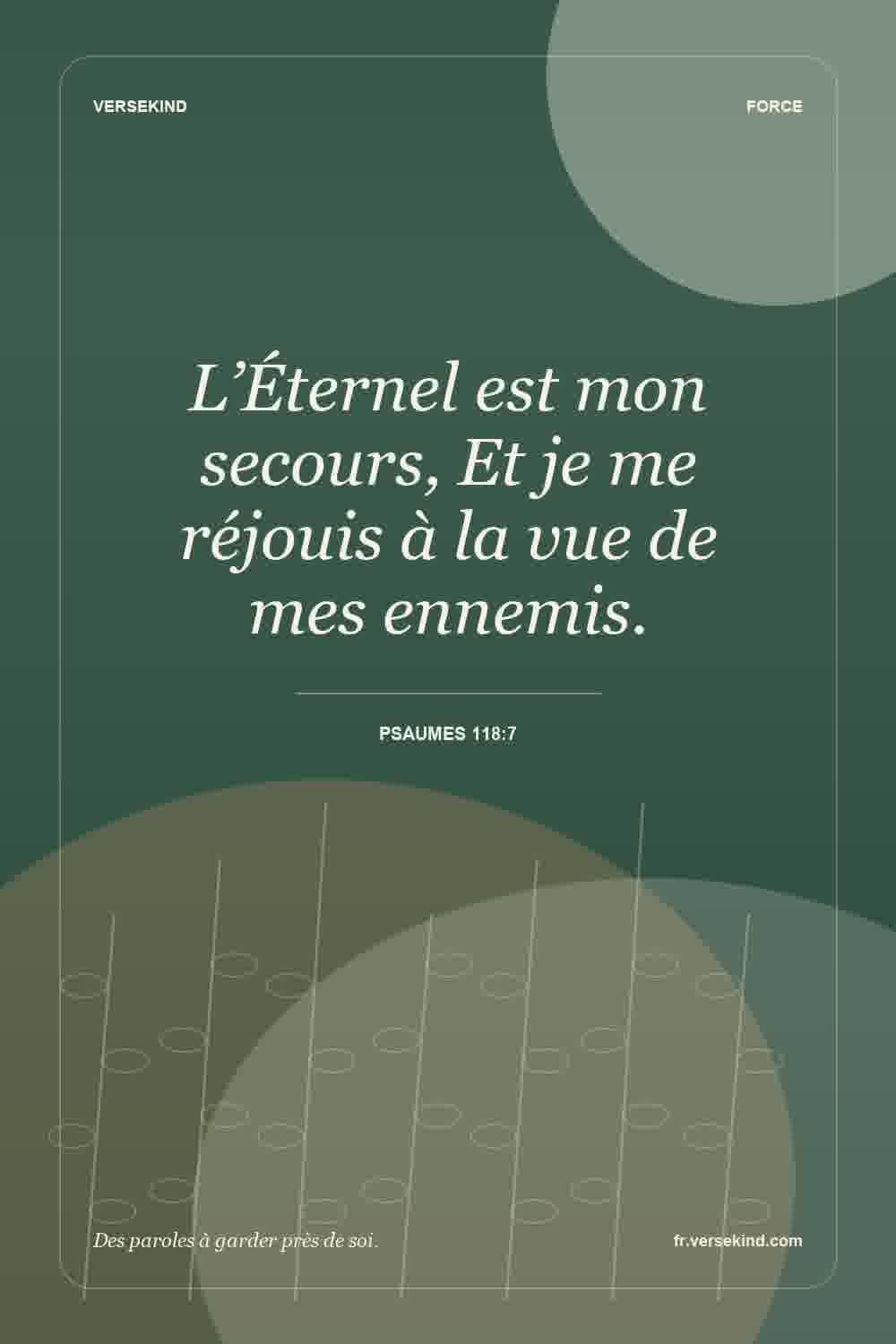 L’Éternel est mon secours, Et je me réjouis à la vue de mes ennemis. — Psaumes 118:7