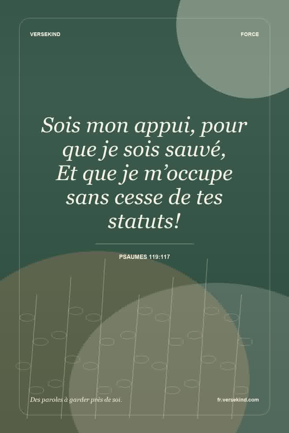Sois mon appui, pour que je sois sauvé, Et que je m’occupe sans cesse de tes statuts! — Psaumes 119:117