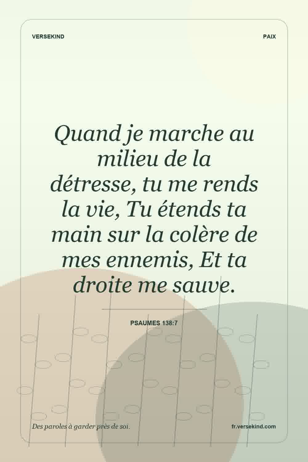 Quand je marche au milieu de la détresse, tu me rends la vie, Tu étends ta main sur la colère de mes ennemis, Et ta droite me sauve. — Psaumes 138:7
