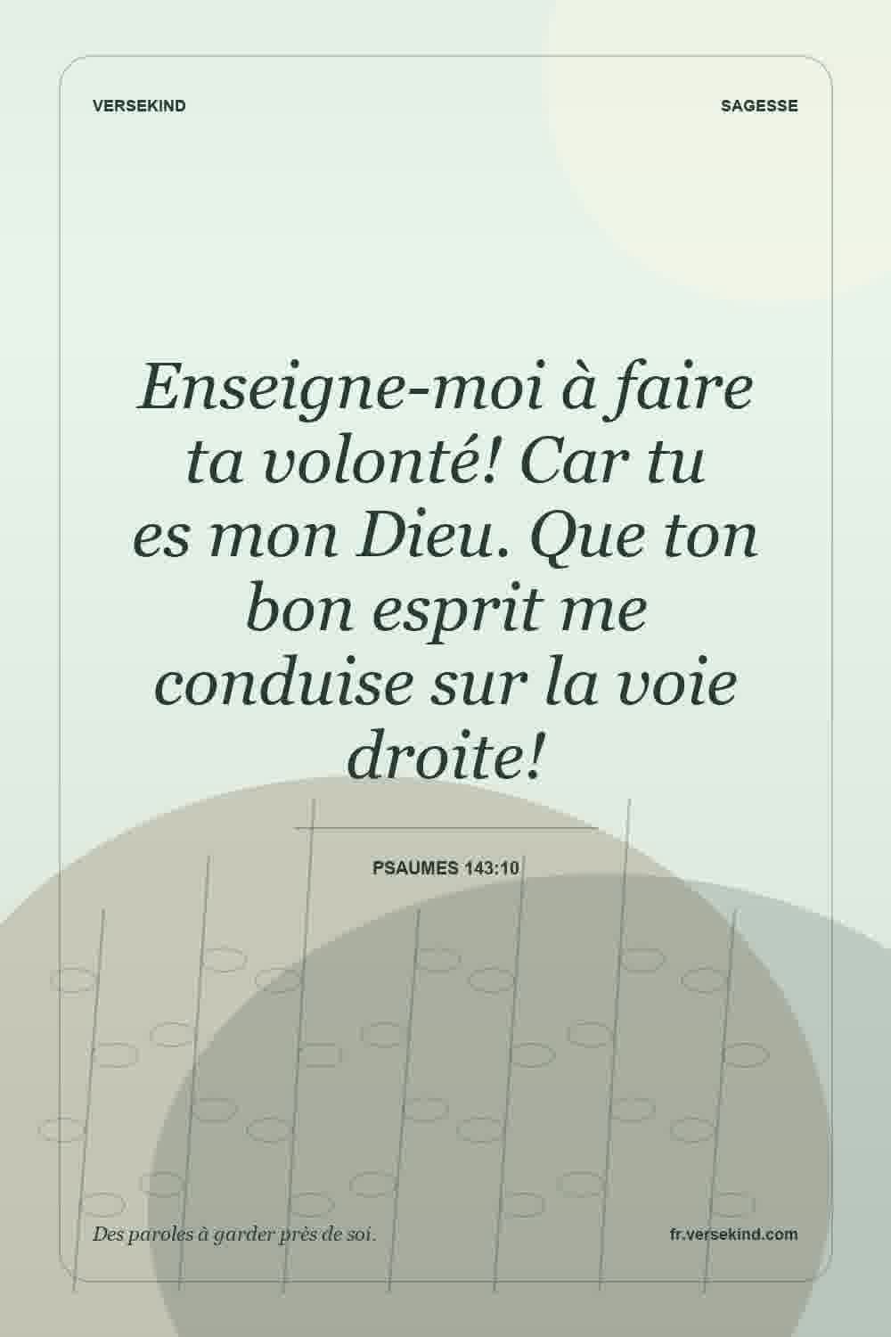 Enseigne-moi à faire ta volonté! Car tu es mon Dieu. Que ton bon esprit me conduise sur la voie droite! — Psaumes 143:10