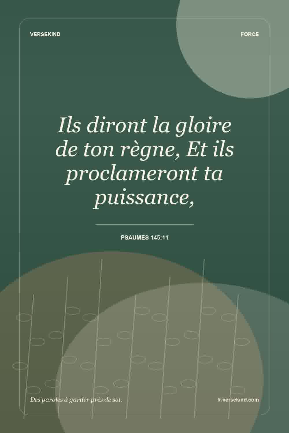 Ils diront la gloire de ton règne, Et ils proclameront ta puissance, — Psaumes 145:11