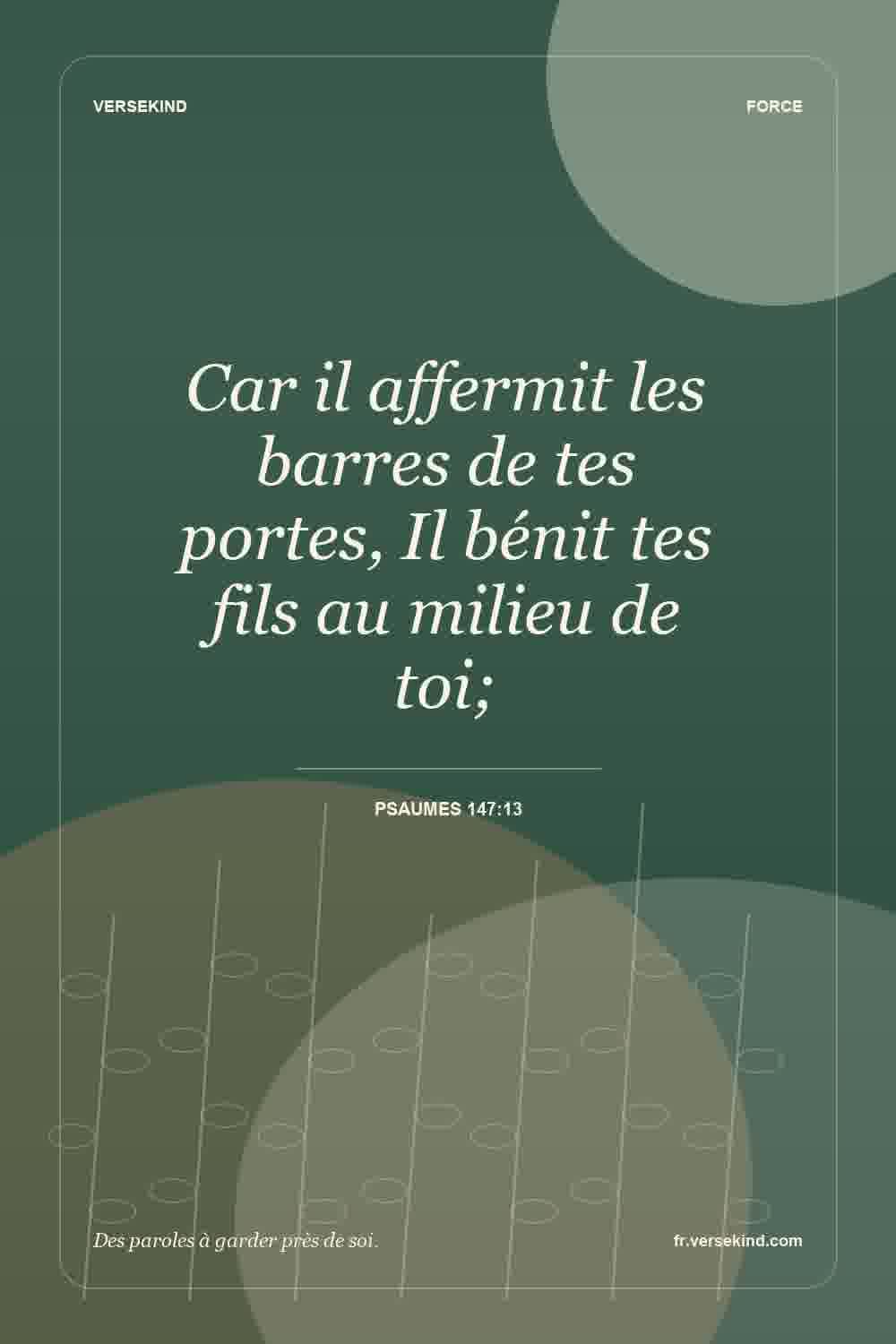Car il affermit les barres de tes portes, Il bénit tes fils au milieu de toi; — Psaumes 147:13