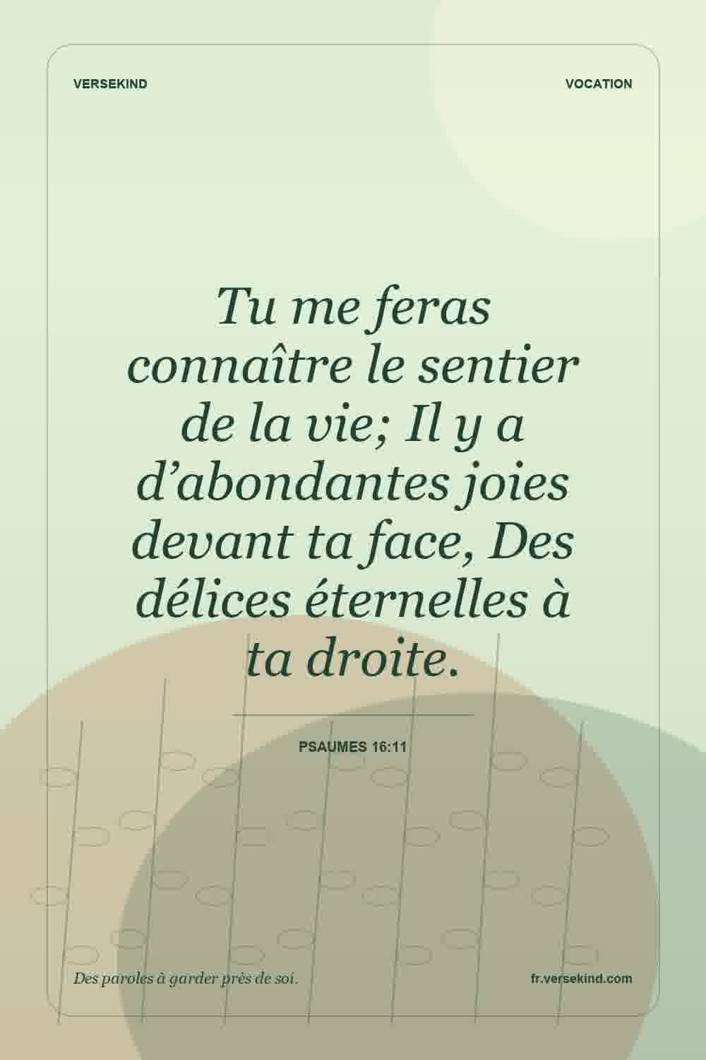 Tu me feras connaître le sentier de la vie; Il y a d’abondantes joies devant ta face, Des délices éternelles à ta droite. — Psaumes 16:11