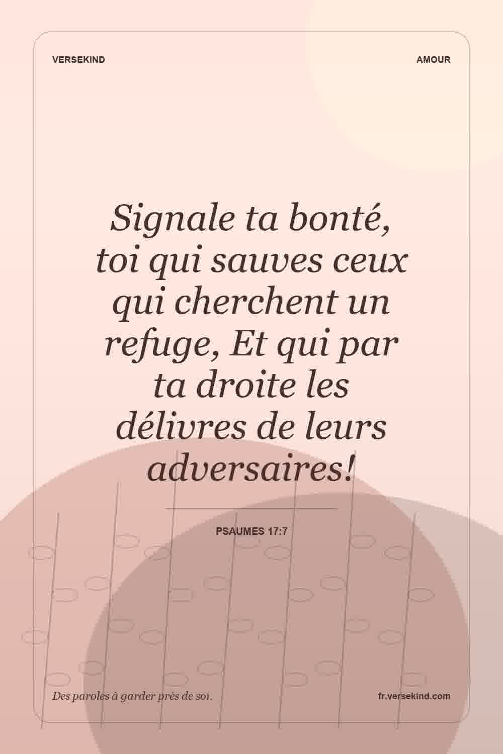 Signale ta bonté, toi qui sauves ceux qui cherchent un refuge, Et qui par ta droite les délivres de leurs adversaires! — Psaumes 17:7