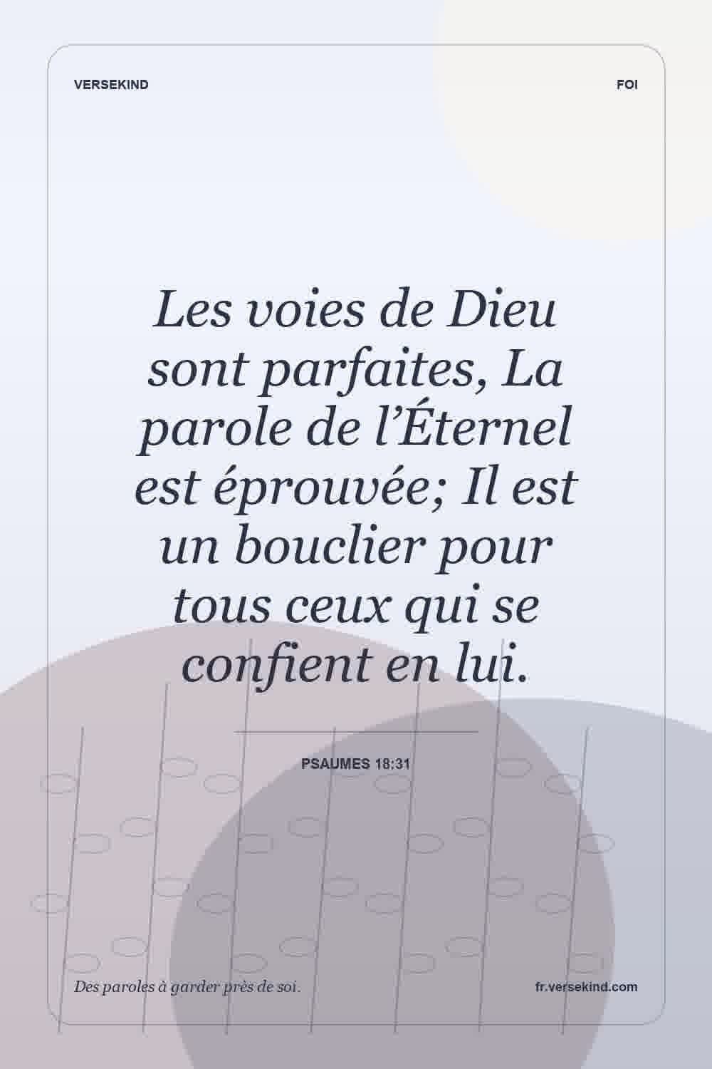 Les voies de Dieu sont parfaites, La parole de l’Éternel est éprouvée; Il est un bouclier pour tous ceux qui se confient en lui. — Psaumes 18:31