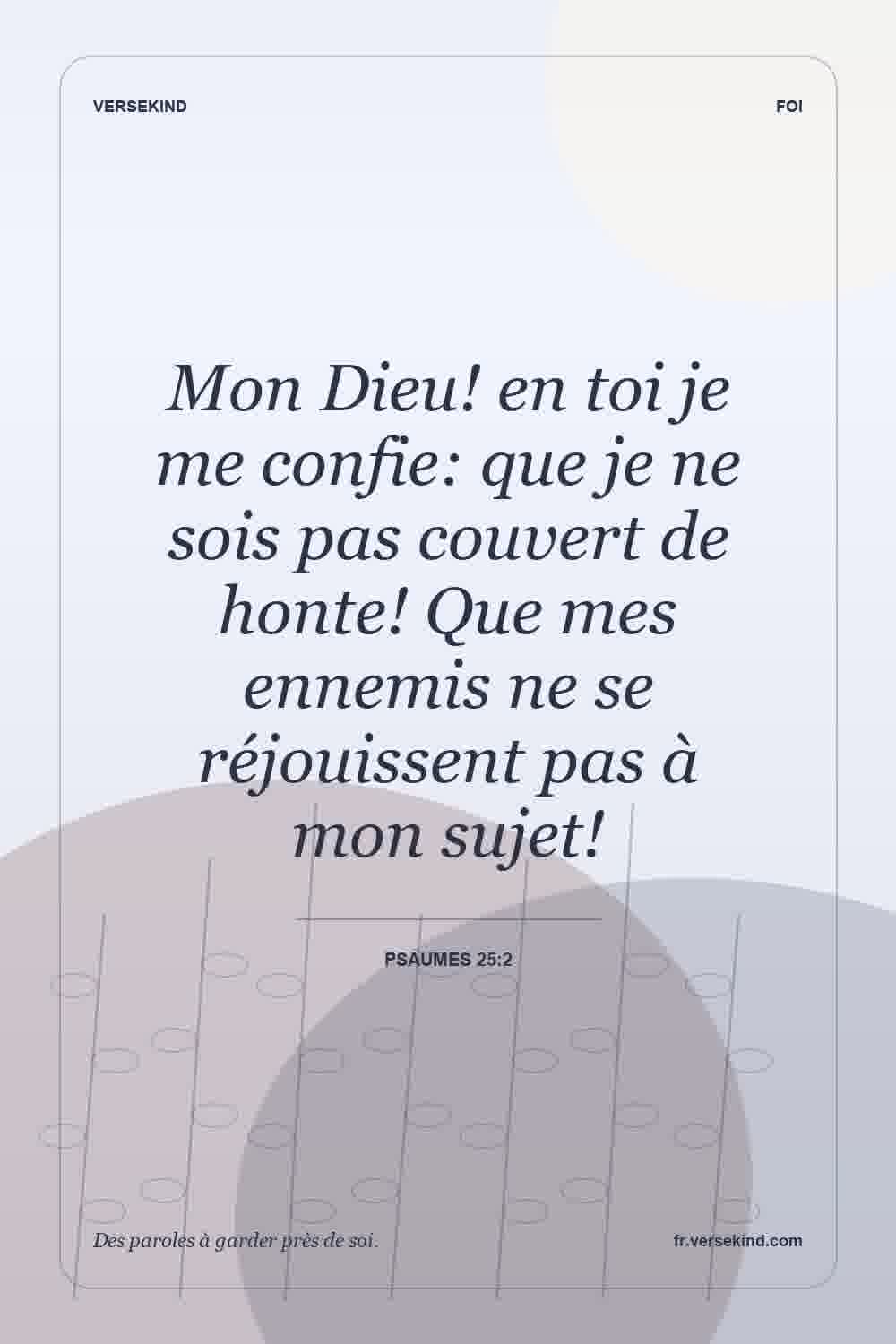 Mon Dieu! en toi je me confie: que je ne sois pas couvert de honte! Que mes ennemis ne se réjouissent pas à mon sujet! — Psaumes 25:2