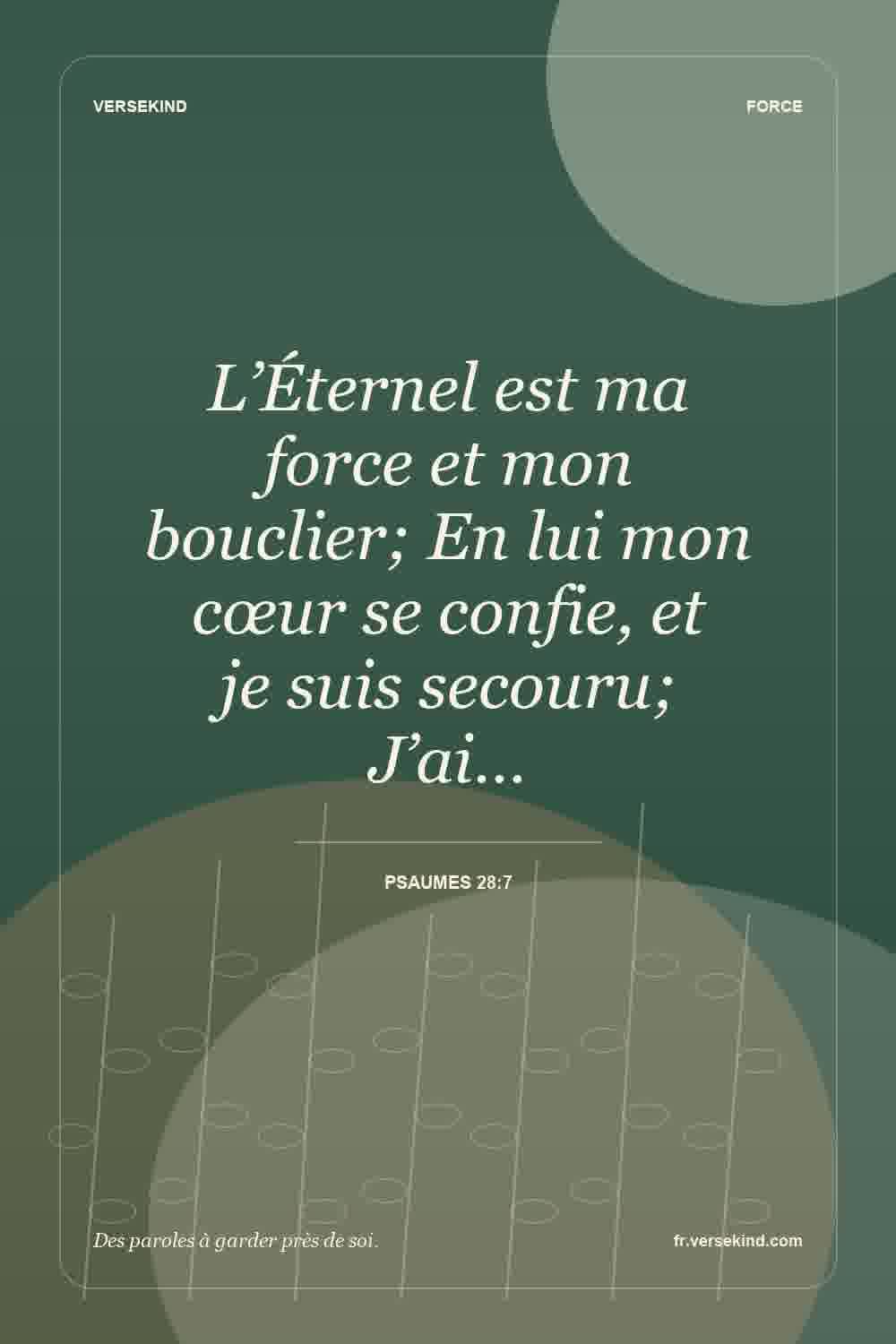L’Éternel est ma force et mon bouclier; En lui mon cœur se confie, et je suis secouru; J’ai… — Psaumes 28:7