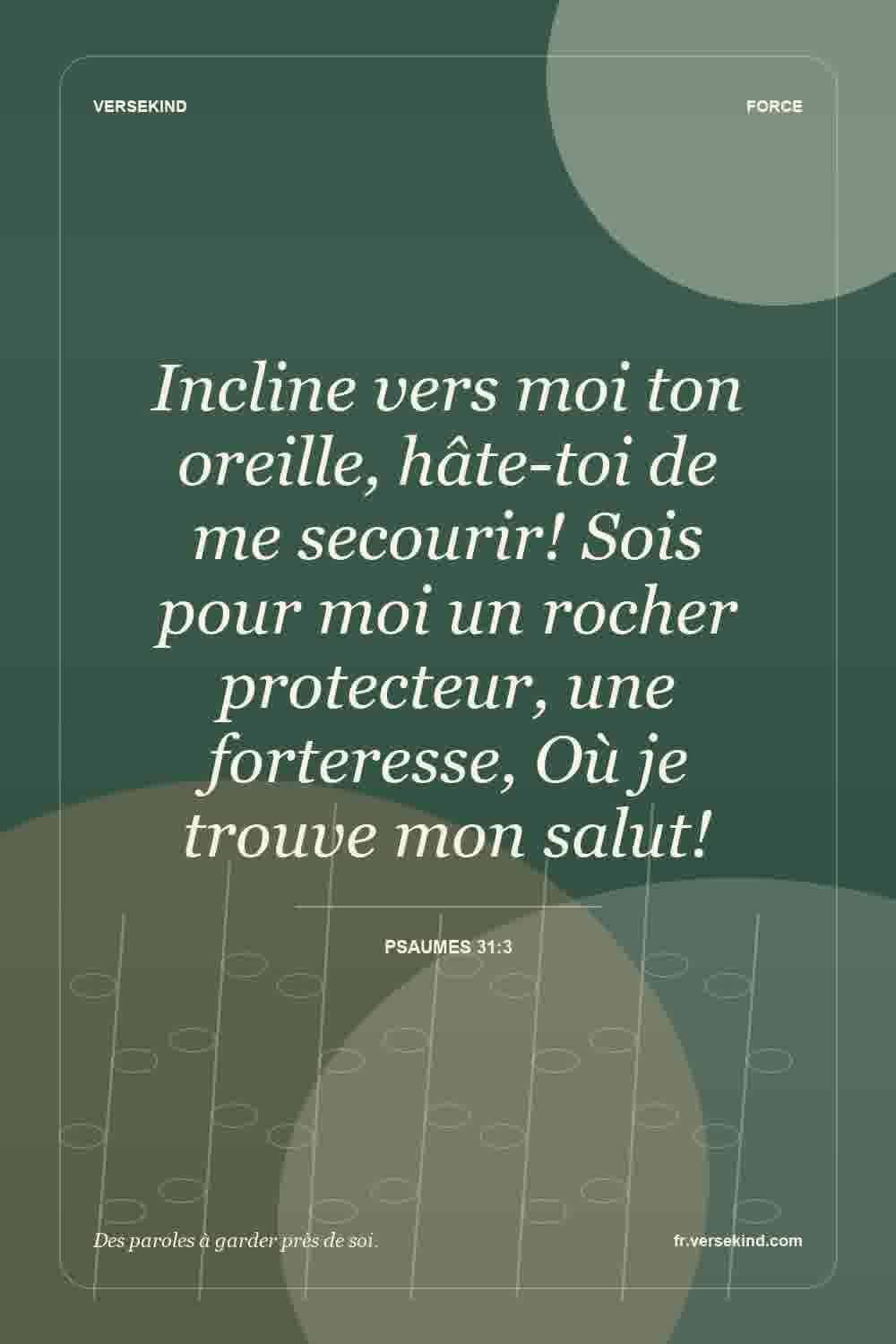 Incline vers moi ton oreille, hâte-toi de me secourir! Sois pour moi un rocher protecteur, une forteresse, Où je trouve mon salut! — Psaumes 31:3