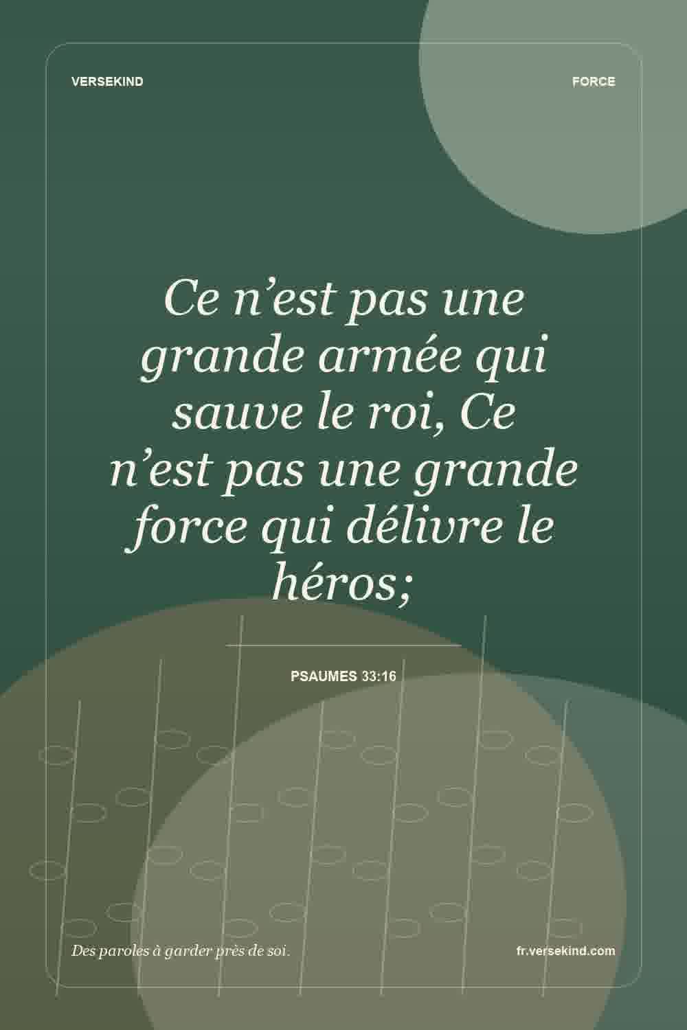 Ce n’est pas une grande armée qui sauve le roi, Ce n’est pas une grande force qui délivre le héros; — Psaumes 33:16