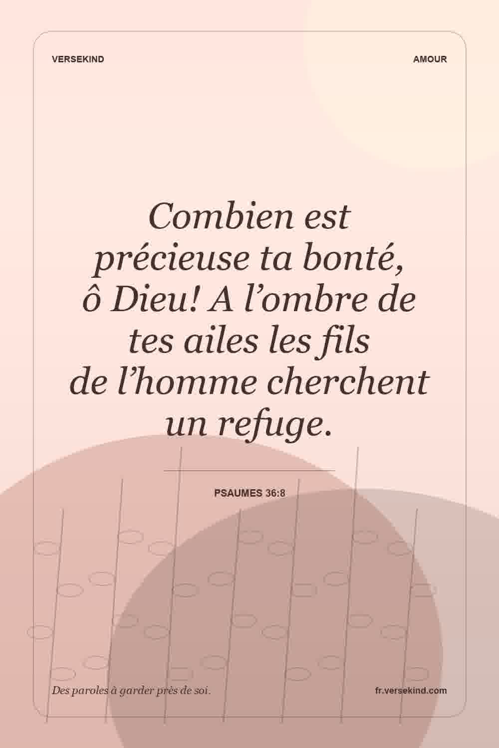 Combien est précieuse ta bonté, ô Dieu! A l’ombre de tes ailes les fils de l’homme cherchent un refuge. — Psaumes 36:8