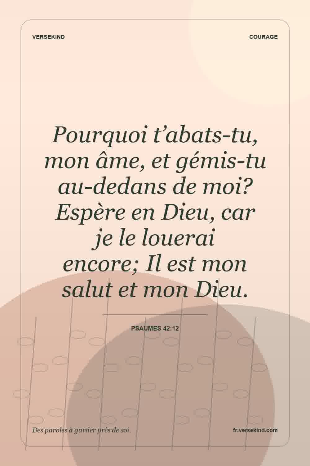 Pourquoi t’abats-tu, mon âme, et gémis-tu au-dedans de moi? Espère en Dieu, car je le louerai encore; Il est mon salut et mon Dieu. — Psaumes 42:12