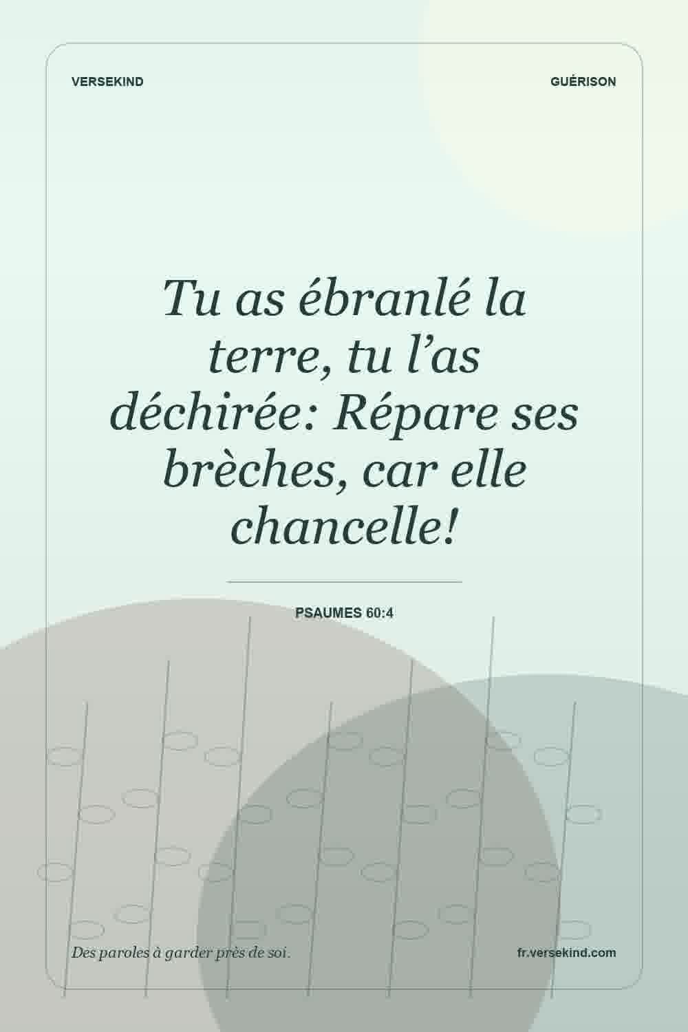 Tu as ébranlé la terre, tu l’as déchirée: Répare ses brèches, car elle chancelle! — Psaumes 60:4