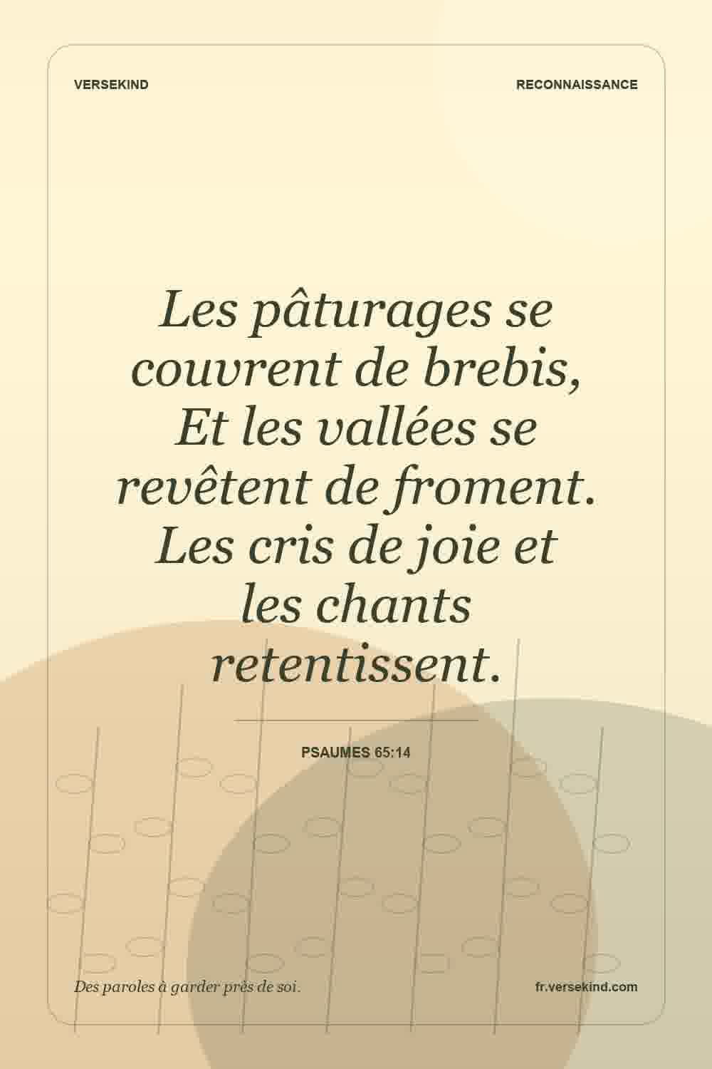 Les pâturages se couvrent de brebis, Et les vallées se revêtent de froment. Les cris de joie et les chants retentissent. — Psaumes 65:14