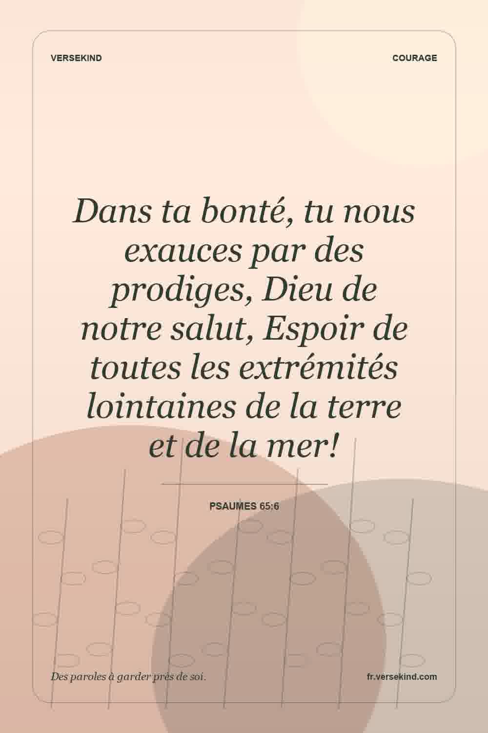 Dans ta bonté, tu nous exauces par des prodiges, Dieu de notre salut, Espoir de toutes les extrémités lointaines de la terre et de la mer! — Psaumes 65:6