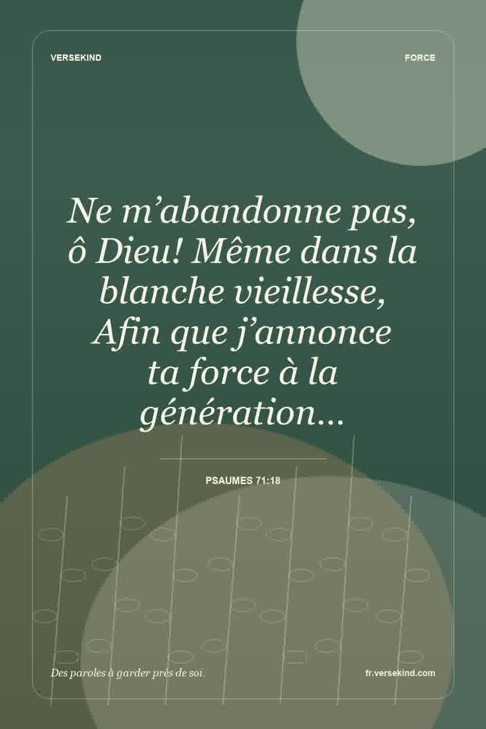 Ne m’abandonne pas, ô Dieu! Même dans la blanche vieillesse, Afin que j’annonce ta force à la génération… — Psaumes 71:18