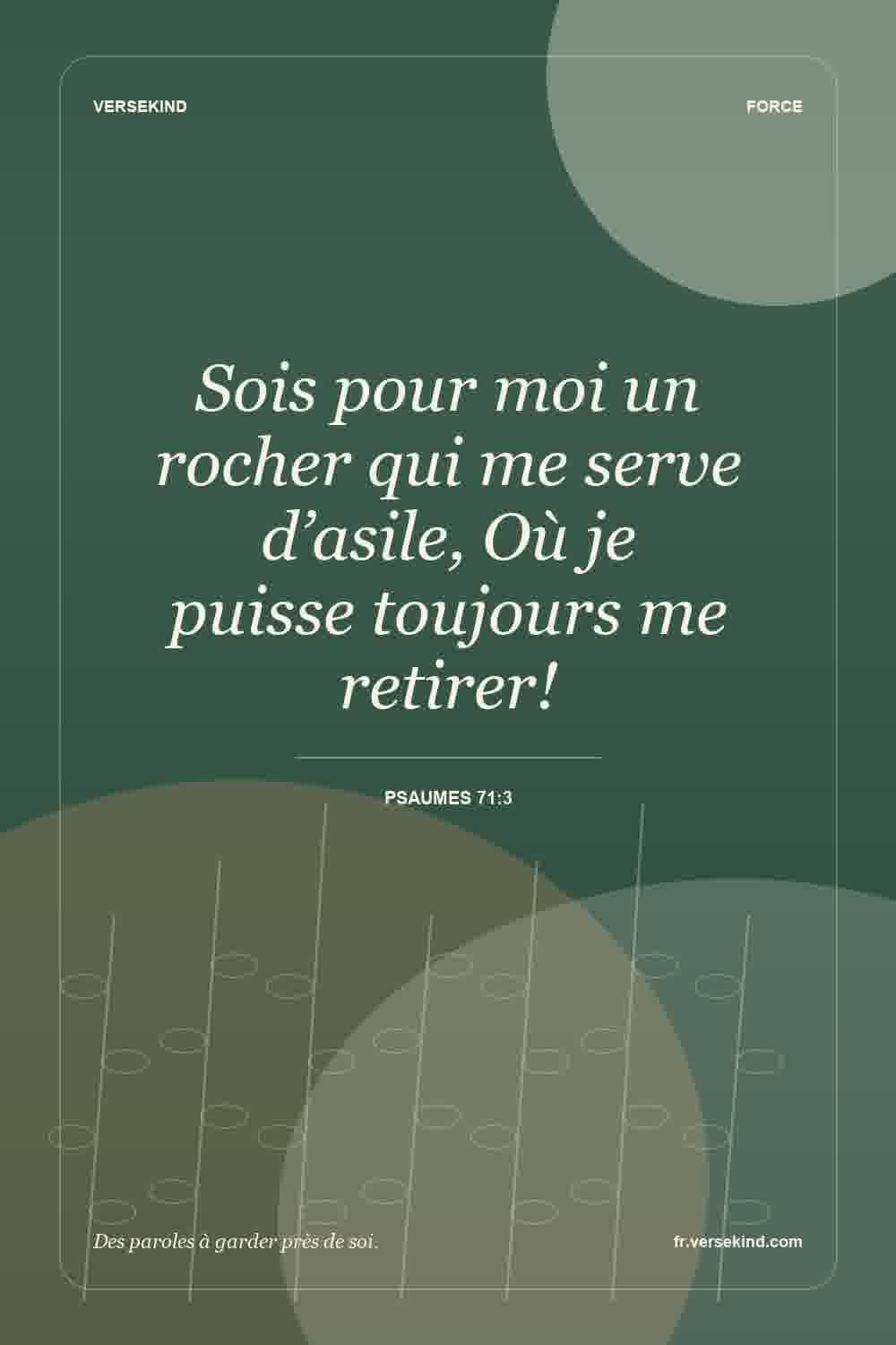 Sois pour moi un rocher qui me serve d’asile, Où je puisse toujours me retirer! — Psaumes 71:3