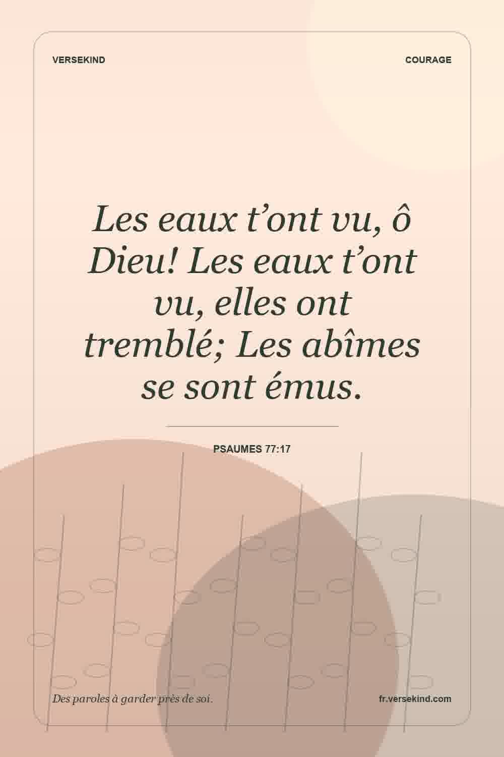 Les eaux t’ont vu, ô Dieu! Les eaux t’ont vu, elles ont tremblé; Les abîmes se sont émus. — Psaumes 77:17
