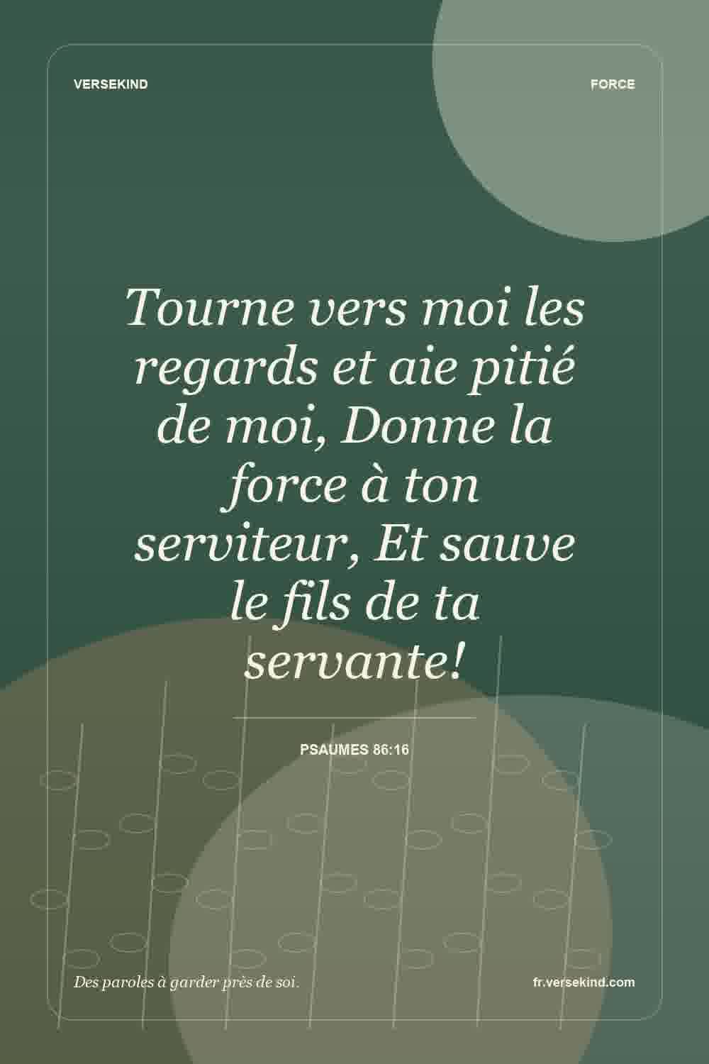Tourne vers moi les regards et aie pitié de moi, Donne la force à ton serviteur, Et sauve le fils de ta servante! — Psaumes 86:16