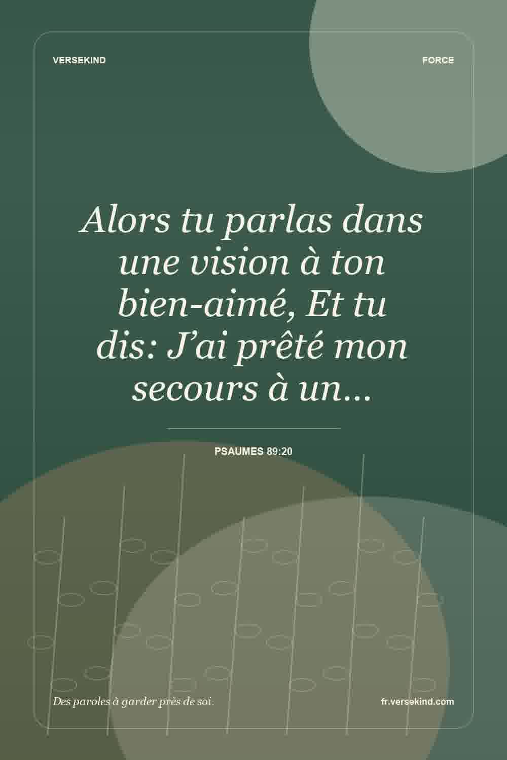 Alors tu parlas dans une vision à ton bien-aimé, Et tu dis: J’ai prêté mon secours à un… — Psaumes 89:20
