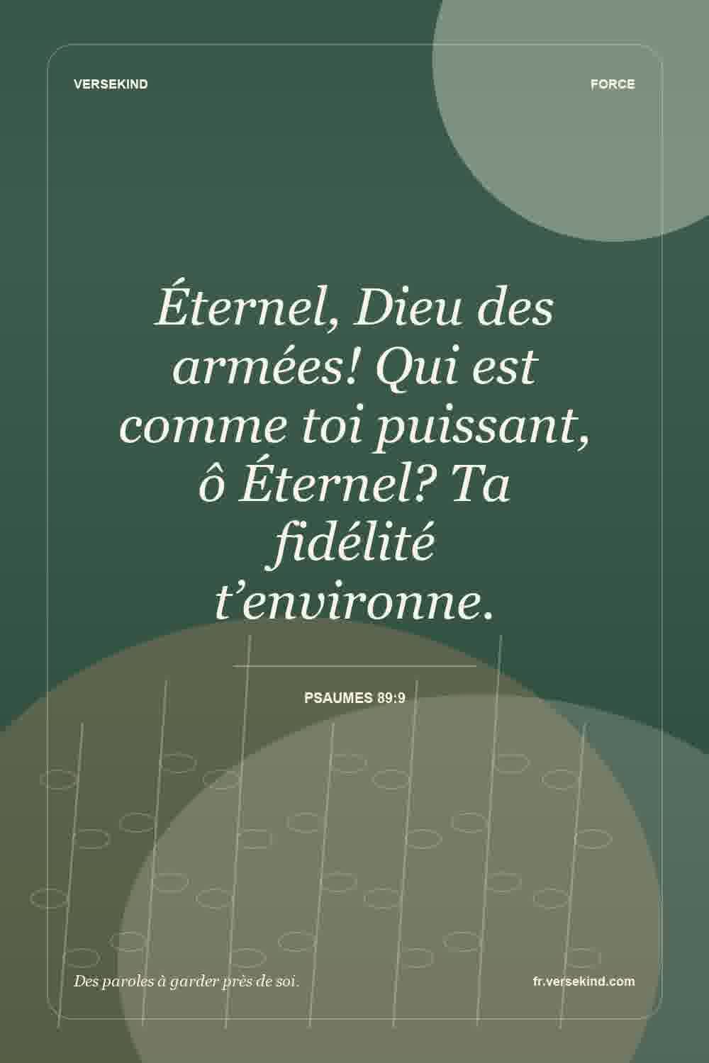 Éternel, Dieu des armées! Qui est comme toi puissant, ô Éternel? Ta fidélité t’environne. — Psaumes 89:9