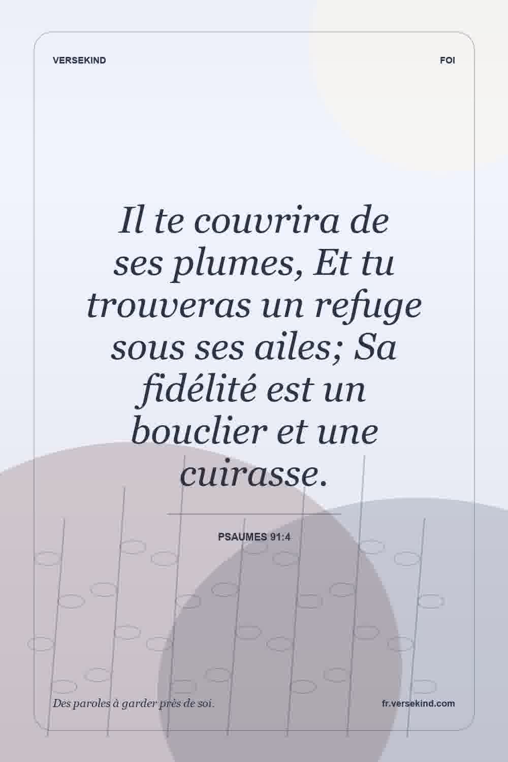 Il te couvrira de ses plumes, Et tu trouveras un refuge sous ses ailes; Sa fidélité est un bouclier et une cuirasse. — Psaumes 91:4