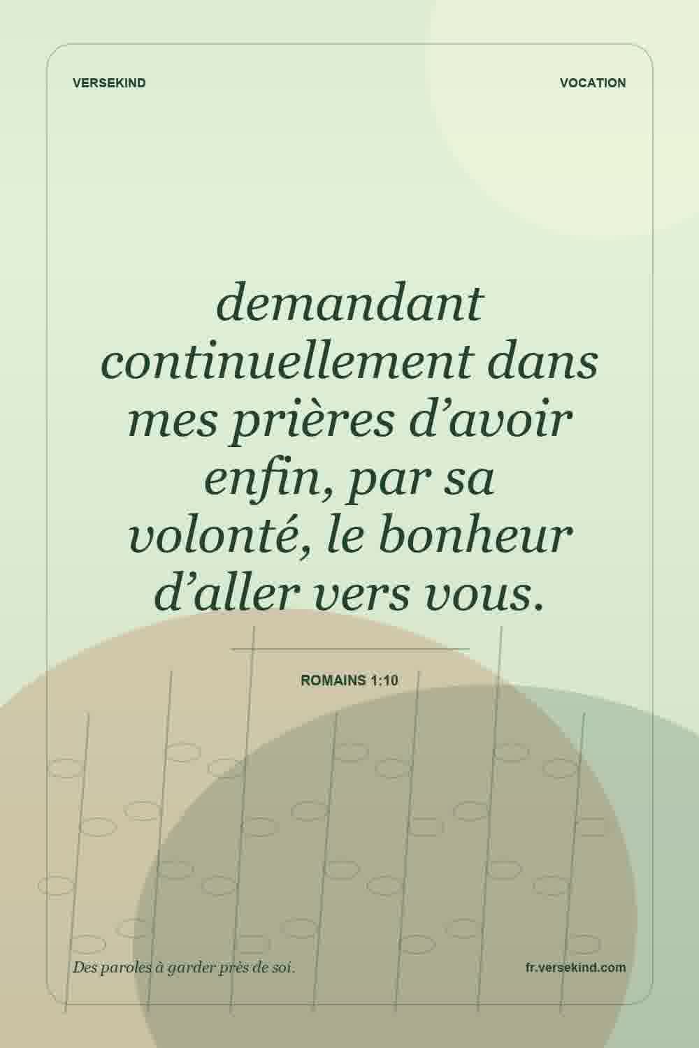 demandant continuellement dans mes prières d’avoir enfin, par sa volonté, le bonheur d’aller vers vous. — Romains 1:10