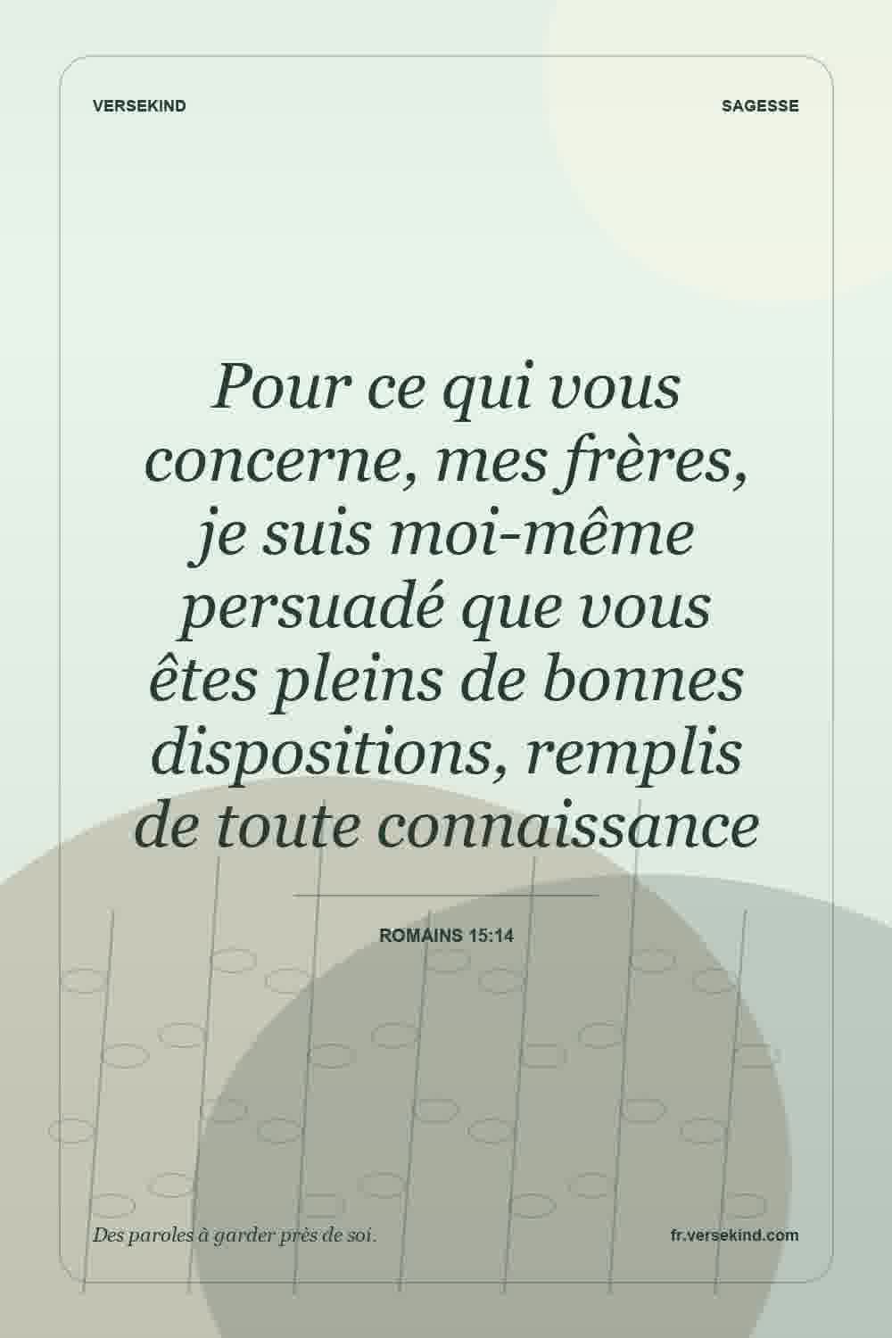 Pour ce qui vous concerne, mes frères, je suis moi-même persuadé que vous êtes pleins de bonnes dispositions, remplis de toute connaissance — Romains 15:14