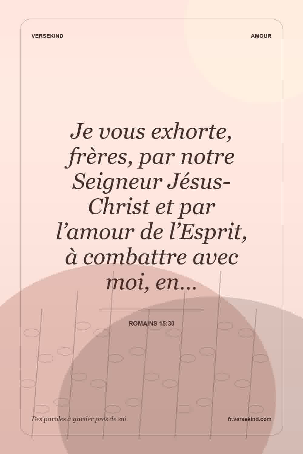 Je vous exhorte, frères, par notre Seigneur Jésus-Christ et par l’amour de l’Esprit, à combattre avec moi, en… — Romains 15:30