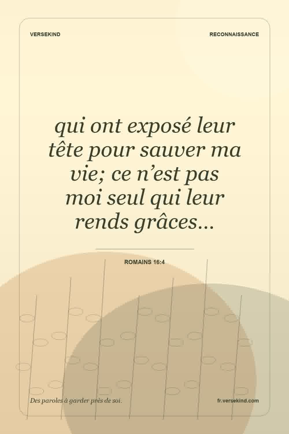 qui ont exposé leur tête pour sauver ma vie; ce n’est pas moi seul qui leur rends grâces… — Romains 16:4