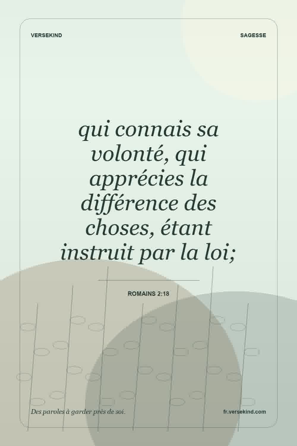 qui connais sa volonté, qui apprécies la différence des choses, étant instruit par la loi; — Romains 2:18