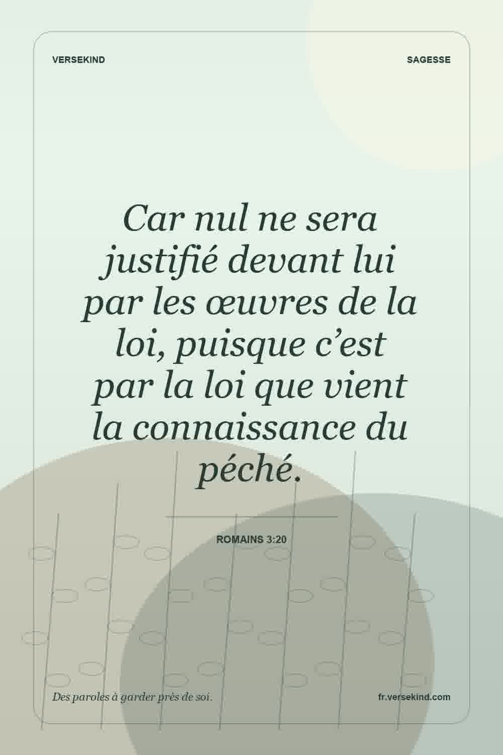 Car nul ne sera justifié devant lui par les œuvres de la loi, puisque c’est par la loi que vient la connaissance du péché. — Romains 3:20
