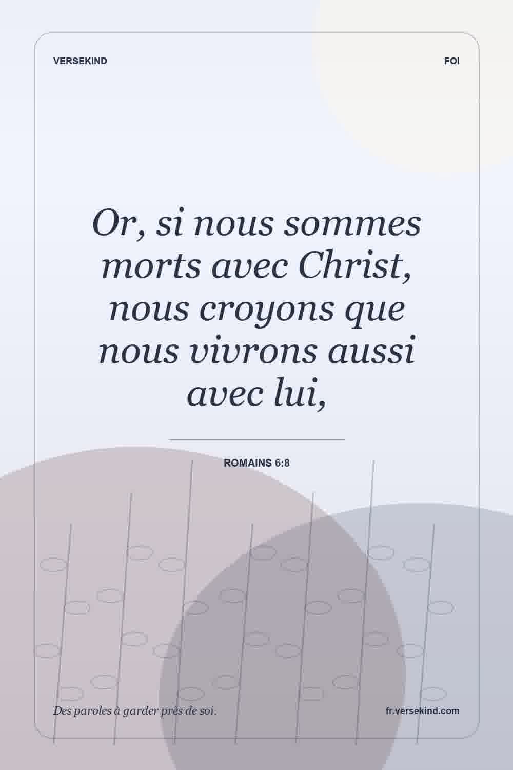 Or, si nous sommes morts avec Christ, nous croyons que nous vivrons aussi avec lui, — Romains 6:8