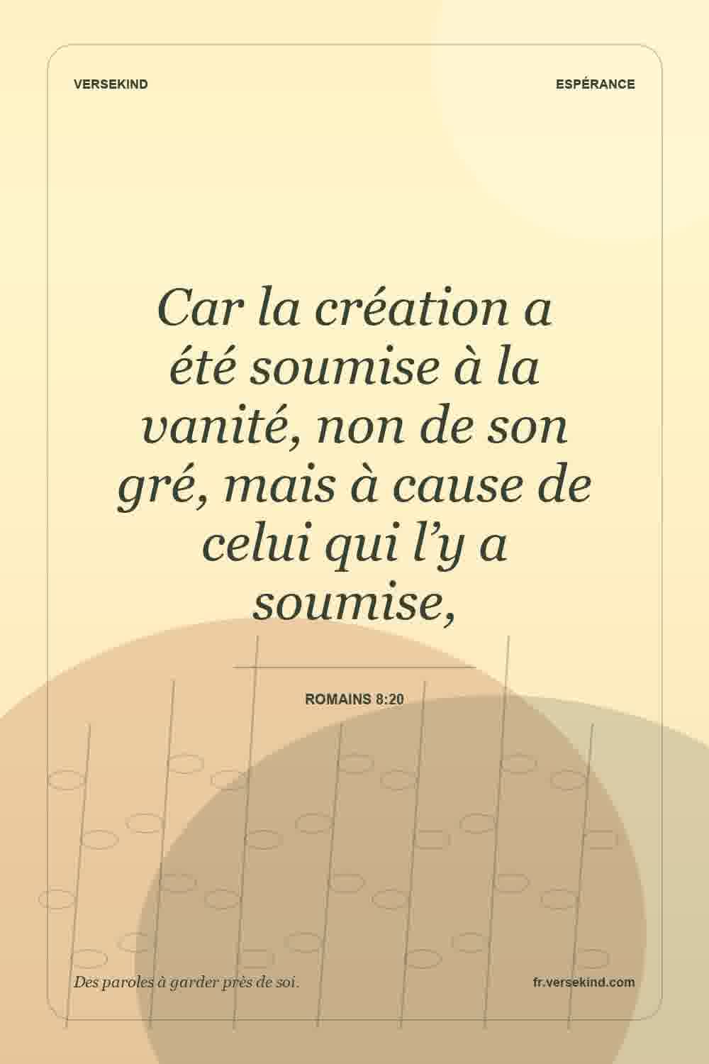 Car la création a été soumise à la vanité, non de son gré, mais à cause de celui qui l’y a soumise, — Romains 8:20