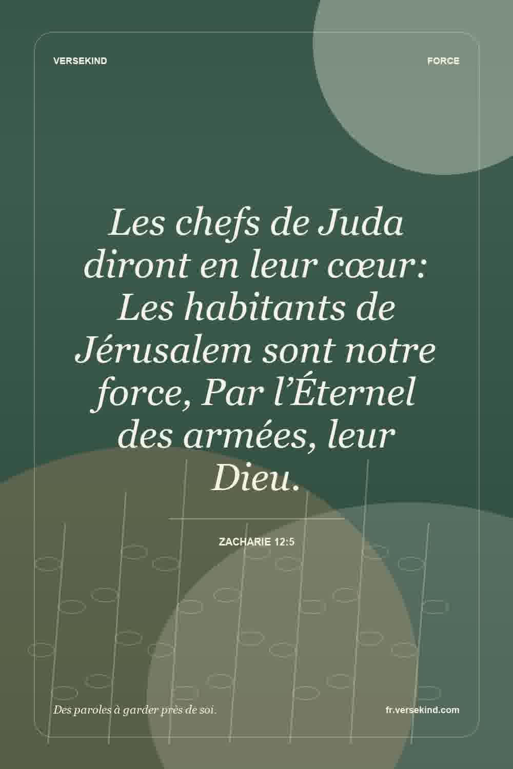 Les chefs de Juda diront en leur cœur: Les habitants de Jérusalem sont notre force, Par l’Éternel des armées, leur Dieu. — Zacharie 12:5