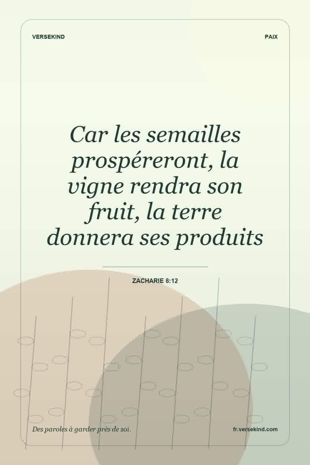 Car les semailles prospéreront, la vigne rendra son fruit, la terre donnera ses produits — Zacharie 8:12